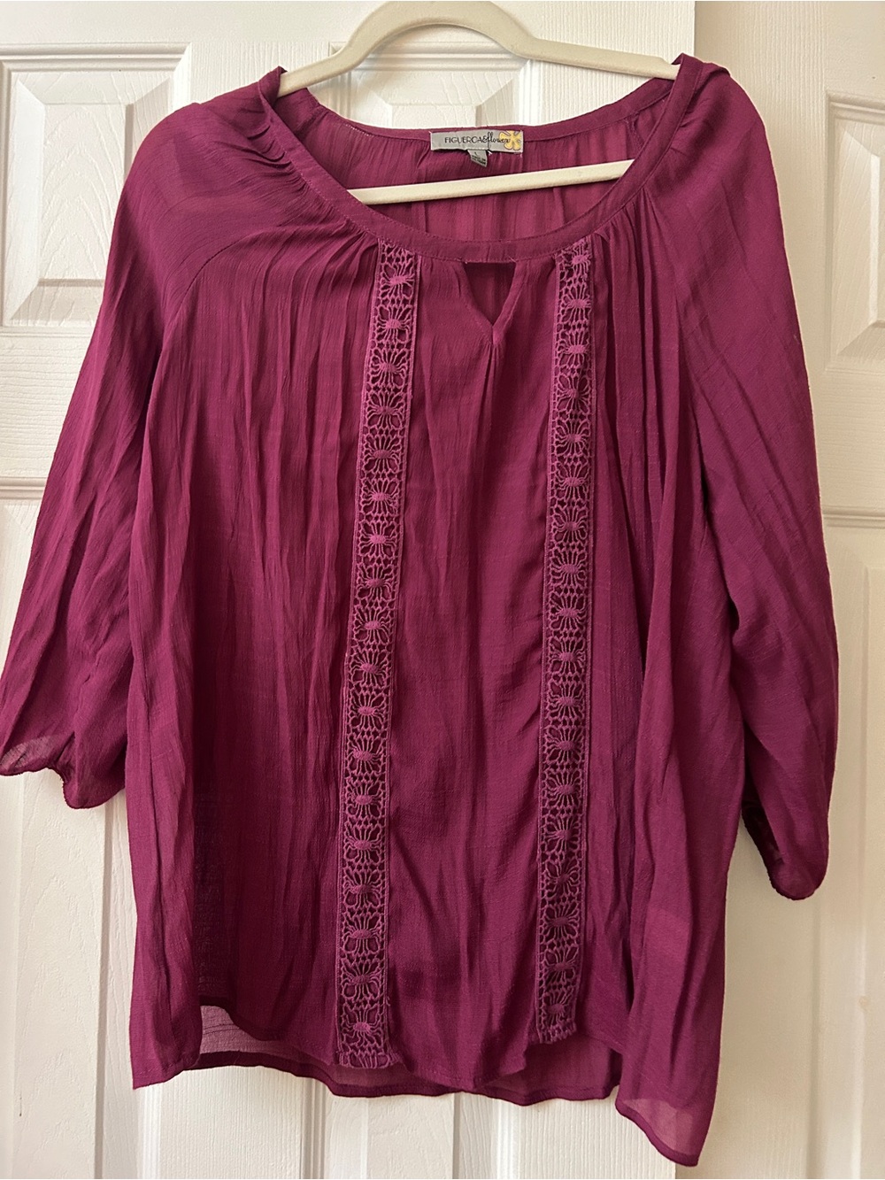 Figueroa & Flower Boho Peasant Blouse Women L Magenta Pink Lace Panels Pleated